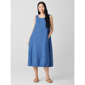 Eileen Fisher Size S Washed Organic Linen Délavé Lantern Dress Ultramarine Blue